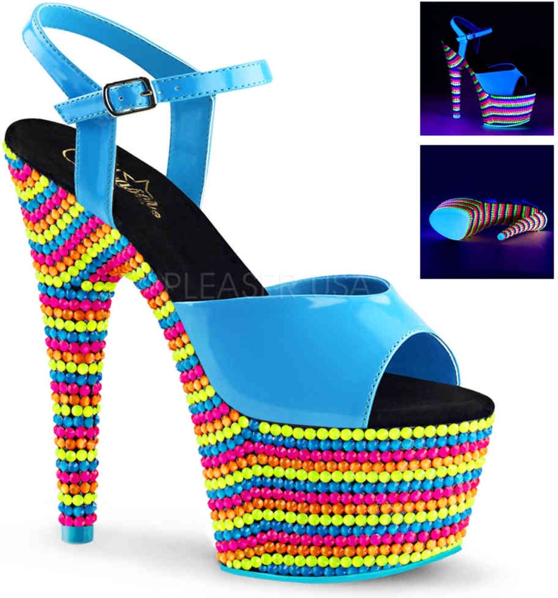 EU 36 = US 6 | ADORE-709RBS | *7 Heel, 2 3/4 PF Ankle Strap Sandal, Neon UV Reactive